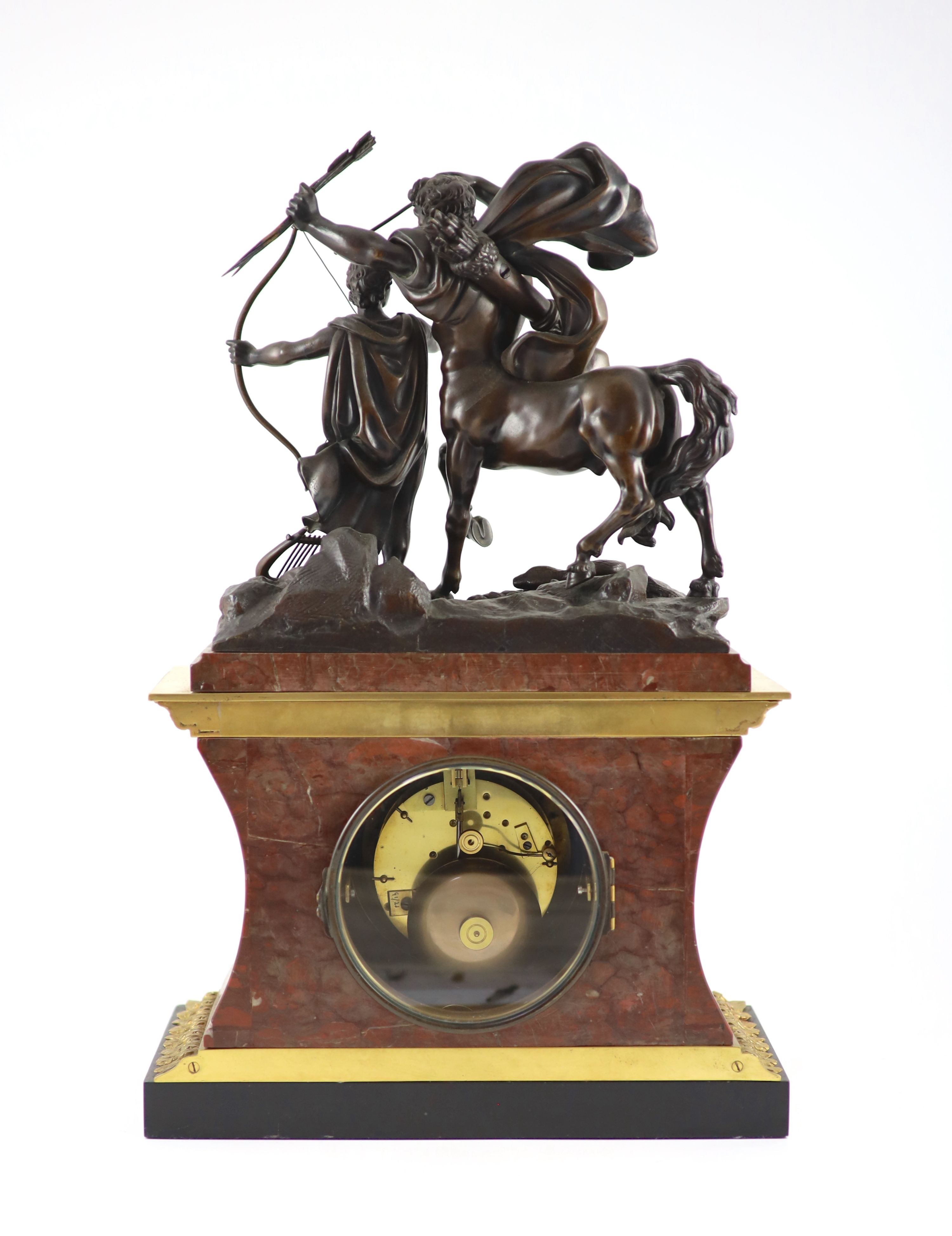 A late 19th century French bronze mounted rouge marble mantel clock, H 53cm. W 34cm.
